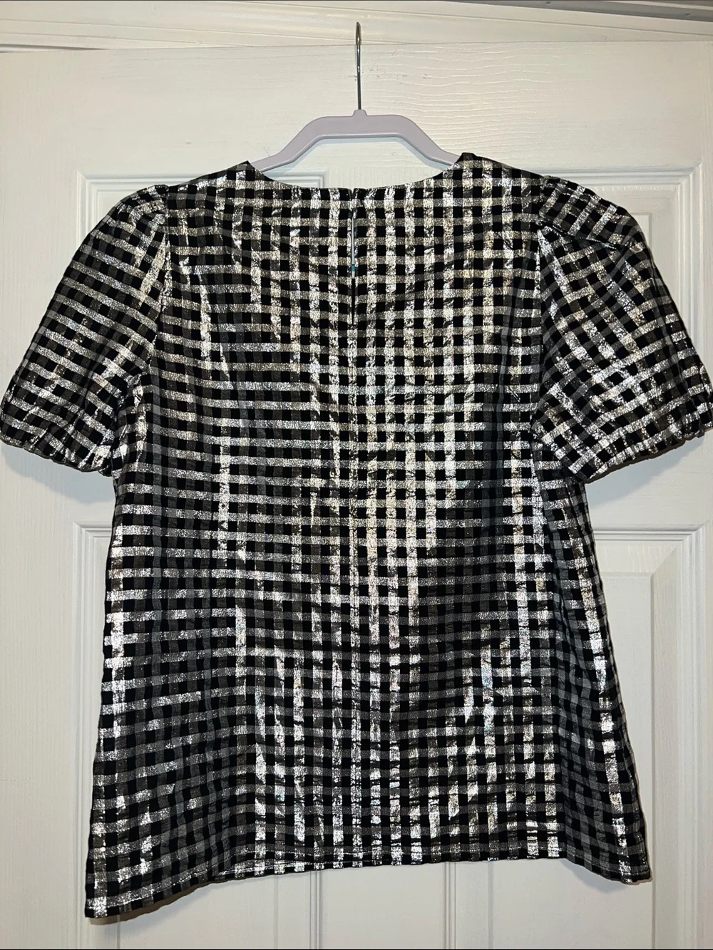 J. Crew Black & Silver Gingham Metallic Puff-Sleeve Top